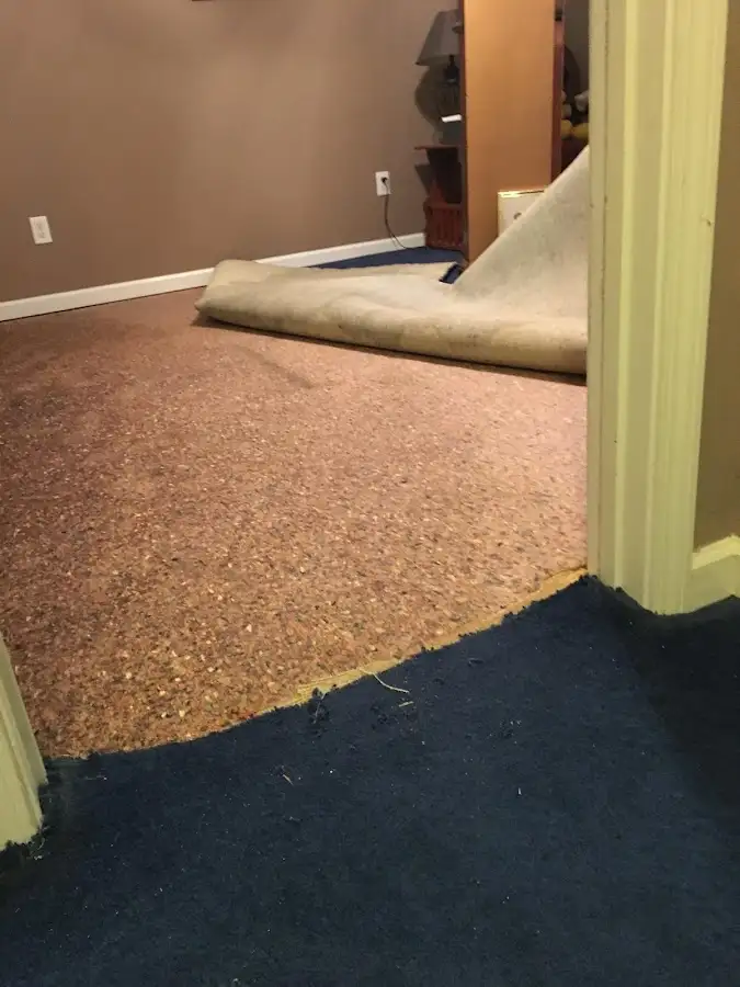 Carpet pad removal revealing water damage during Water Mitigation Services in Golden Hills